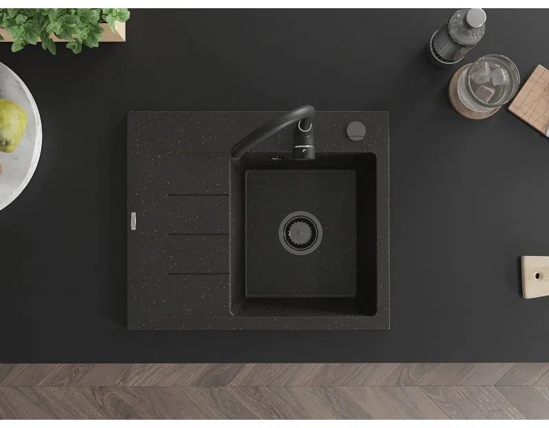 Mexen Ben, 1-komorový granitový drez 600x500x190 mm, pravý + čierny sifón, čierna-zlatá metalíza, 6523605000-75-B