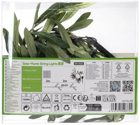 Aigostar - LED solárny reťazec 60xLED/4m IP65 teplá biela olive