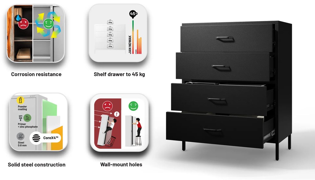 Čierna kovová komoda so zásuvkami na nožičkách CARLA Modern 800 x 1015 x 400 mm