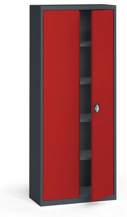 Plechová policová skriňa na náradie KOVONA, 1950 x 800 x 400 mm, 4 police, antracit/červená