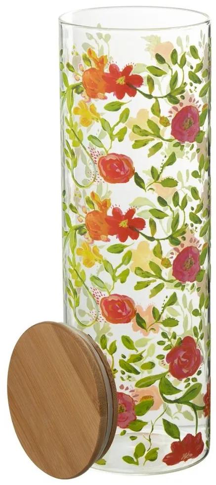 Sklenená dóza na potraviny s dreveným viečkom a kvetmi Floral glass - Ø10*30cm / 1900ml