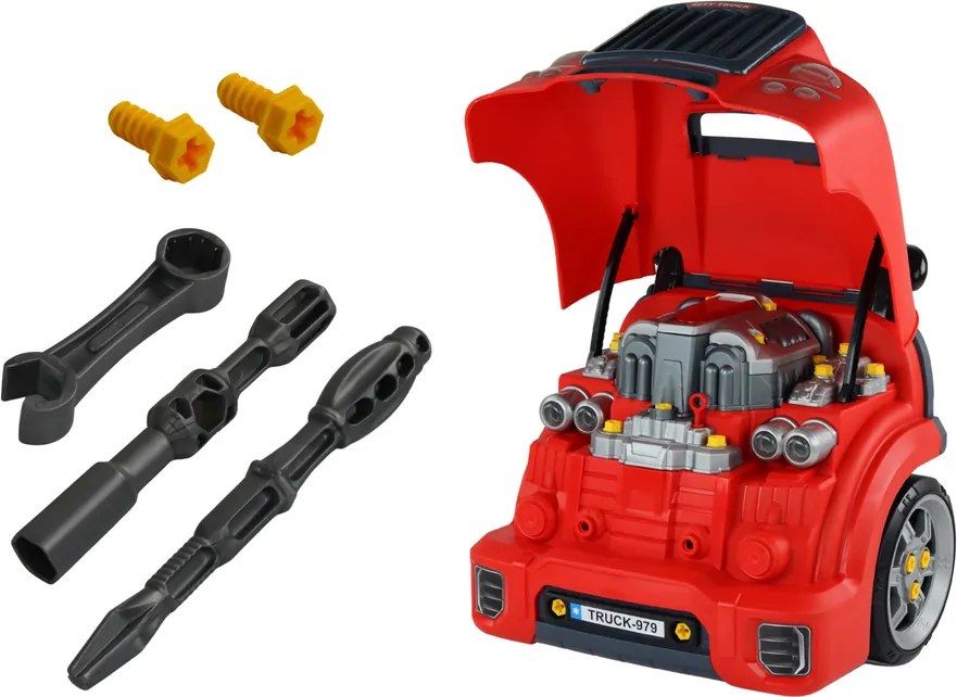 LEAN Toys Detská dielňa – rozoberateľný nákladiak s motorom, červená