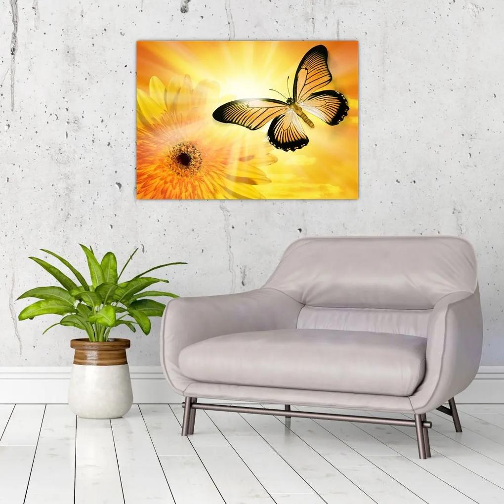 Sklenený obraz - Žltý motýľ s kvetom (70x50 cm)