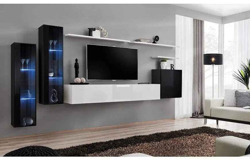 Obývacia stena Switch Sklo +LED XI čierna /Biely
