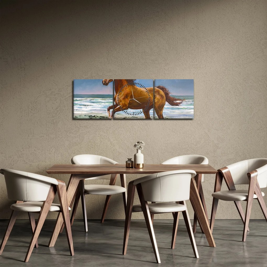 Obraz koňa na pláži (s hodinami) (90x30 cm)