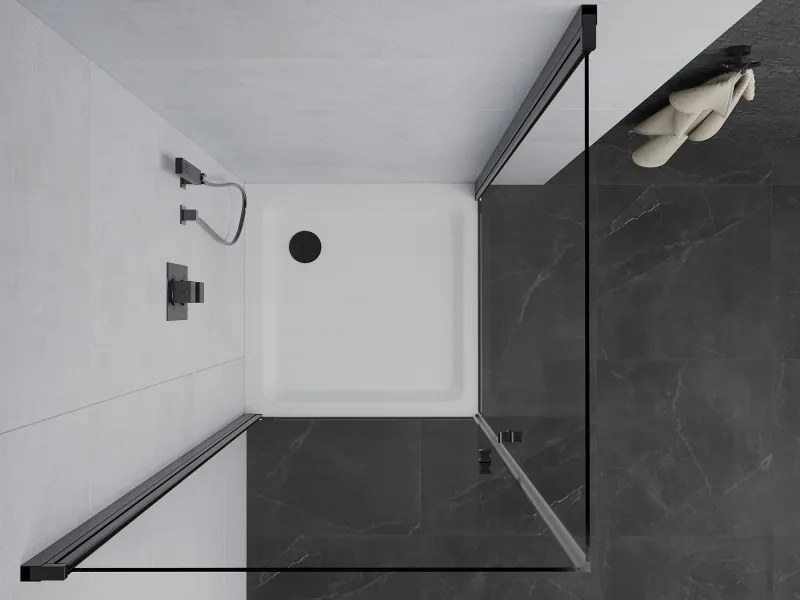 Mexen Pretoria Duo, sprchovací kút s 2-krídlovými dverami 70 (dvere) x 70 (dvere) cm, 6mm číre sklo, čierny profil + slim sprchová vanička 5cm biela s čiernym sifónom, 852-070-070-70-02-4010B