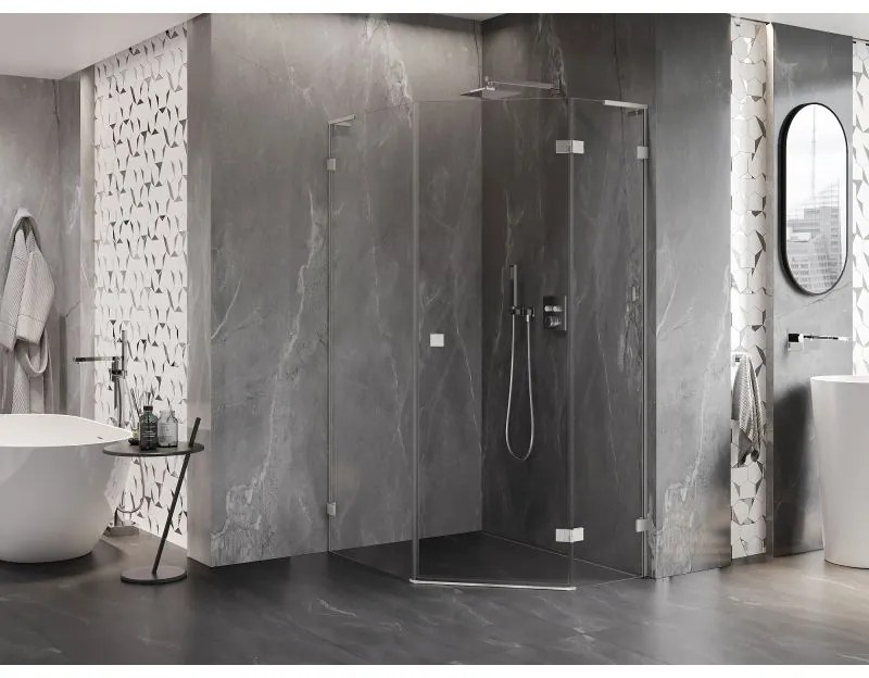 Mexen Lunar, L pravý výklopný päťuholníkový sprchový kút 90x100 cm, 8mm číre sklo, oceľový profil, 831L-090P-100L-97-00-P