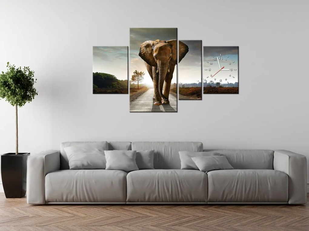 Gario Obraz s hodinami Osamelý silný slon - 4 dielny Rozmery: 120 x 80 cm