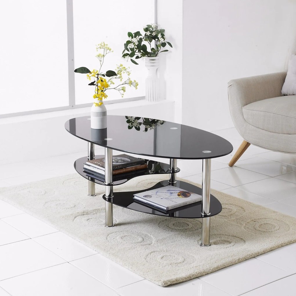 Tutumi, sklenený konferenčný stolík 90x60x44 cm CT-001, číra-čierna-chrómová, KRZ-09018