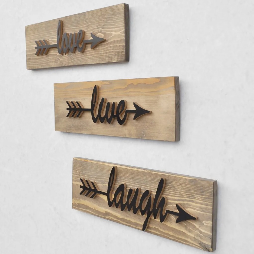 Nástenná drevená dekorácia LOVE LIVE LAUGH hnedá/čierna