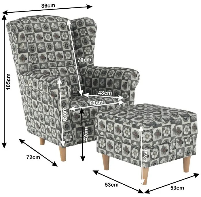 Kondela Kreslo, ušiak s taburetom, patchwork N1 látka, ASTRID