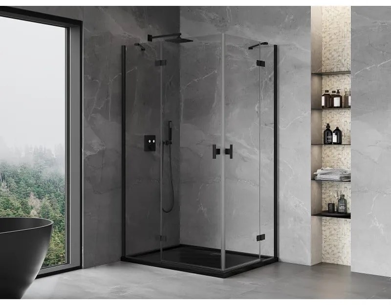 Mexen Mist-H Duo, 2-krídlový výklopný sprchový kút 85 x 70 cm, číre sklo, čierny profil, 8A5-085L-070P-70-00