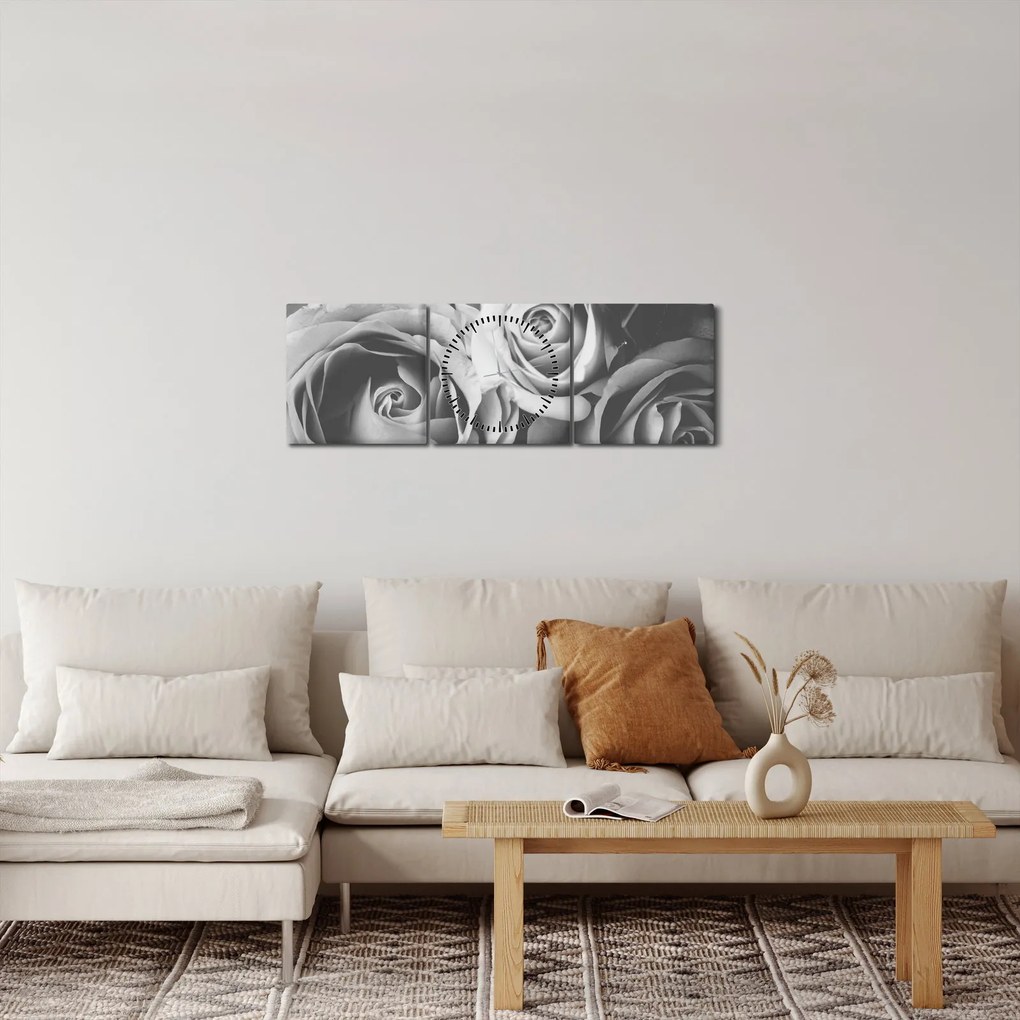 Obraz - Ruža, čiernobiela (s hodinami) (90x30 cm)