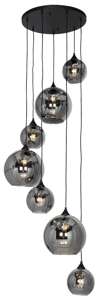 Art Deco závesné svietidlo čierne s dymovým sklom okrúhle 7-svetlo - Sandra