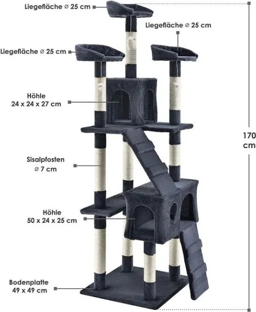 Mačacie škrabadlo 170 cm s pelieškami, domčekmi a stĺpikmi