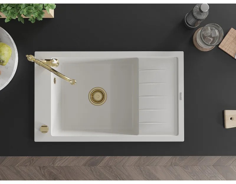 Mexen Elias, granitový drez 795x480x200 mm, 1-komorový a drezová batéria Carla, biela, 6511-20-670700-50