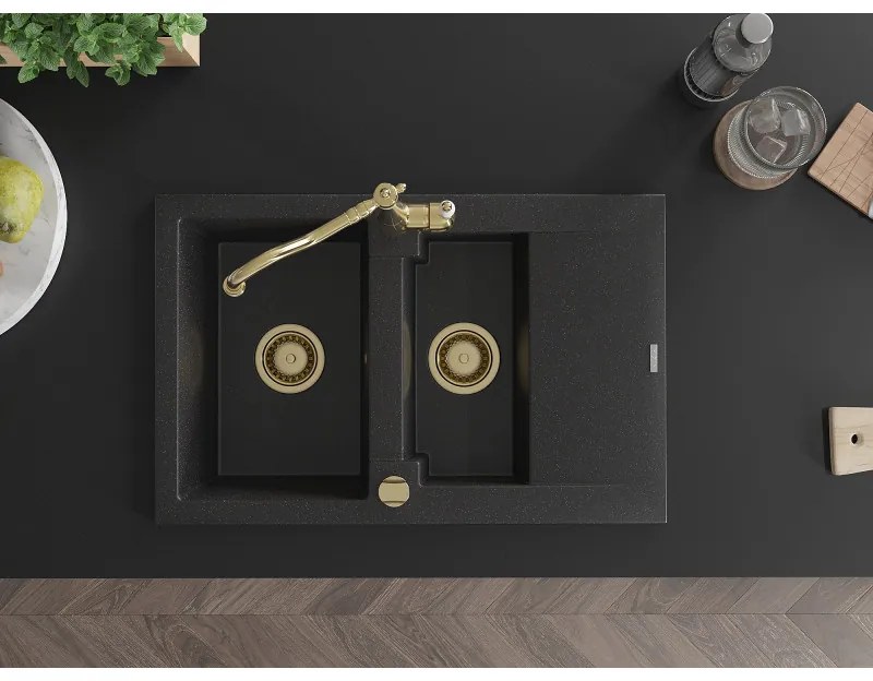 Mexen Gaspar, granitový drez 752x436x161 mm, 1,5-komorový a drezová batéria Carla, čierna-strieborná metalíza, 6507-73-670700-50