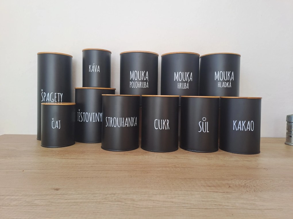Sada 12ks plechových dóz na potraviny, čierne s nápisom, s bambusovým vekom SADA