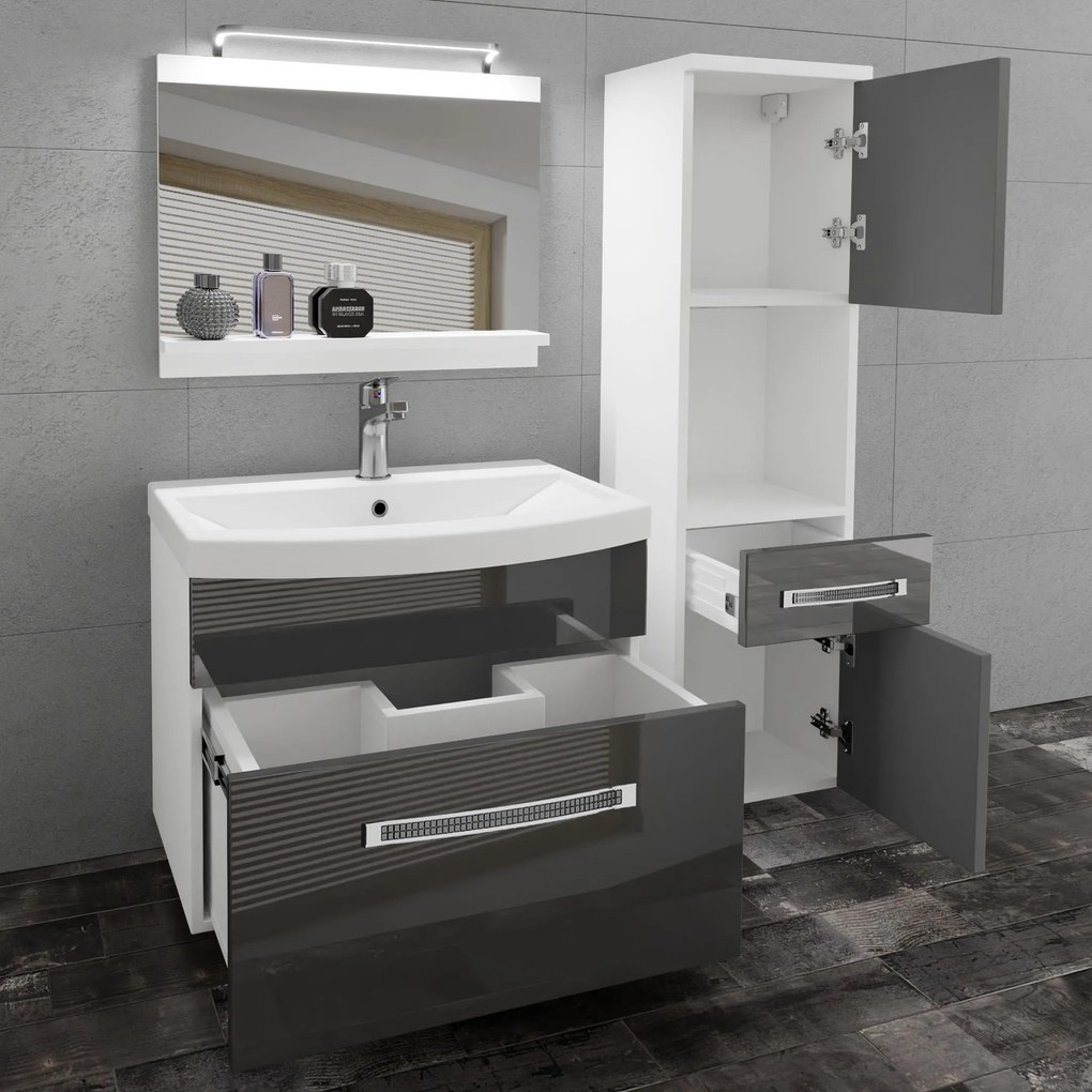 Kúpeľňový nábytok Belini Premium Full Version šedý lesk + umývadlo + zrkadlo + LED osvetlenie Glamour 45 GLA P 3/0/W/S/0/MB/PP
