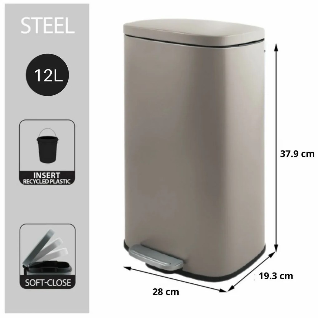 Spirella Pedálový odpadkový kôš soft-close Akira 12 l, matná sivohnedá, 12 l