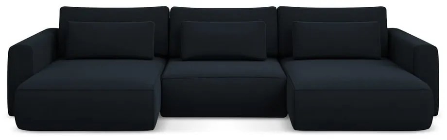 Tmavomodrá zamatová rozkladacia/s úložným priestorom rohová pohovka (do tvaru "U") Kapua – Makamii