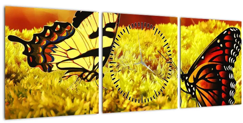 Obraz motýľov (s hodinami) (90x30 cm)