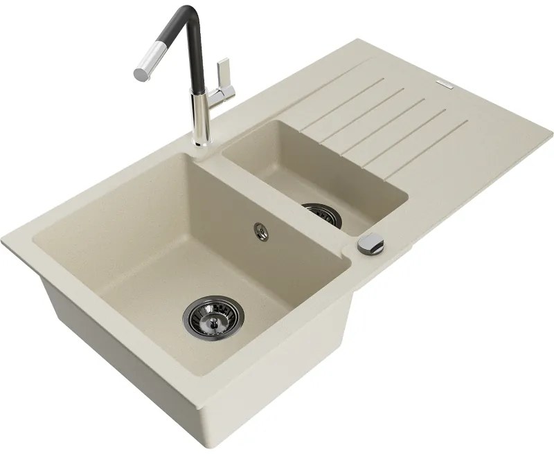 Mexen Matias, 1,5-komorový granitový drez 900x505x200 mm a drezová batéria Flora, béžová, 6502-69-670401-07-B