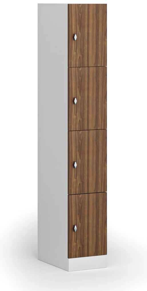 Šatníková skrinka S1 s úložnými boxmi, 4 boxy, 1850 x 300 x 500 mm, otočný zámok, laminované dvere, orech