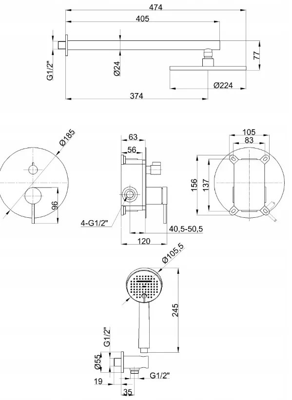 Invena Kalitea, podomietková sprchová súprava, 2-funkčná batéria, chrómová, INV-BS-72-001-V