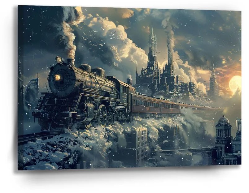 Sablio Obraz Parná lokomotíva v zasneženom meste - 90x60 cm