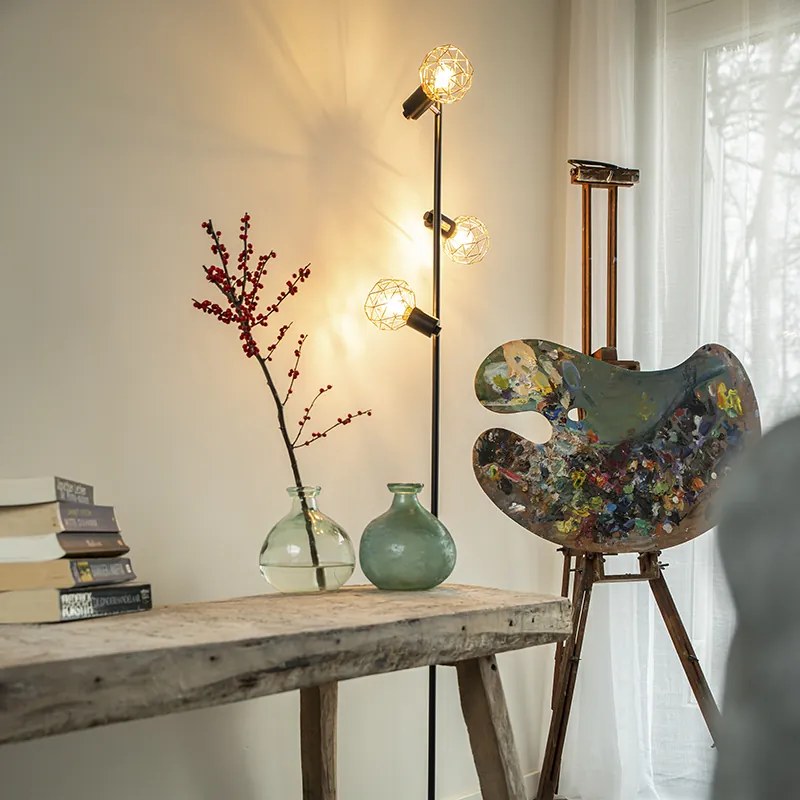 Stojaca lampa čierna s meďou 3-svetlo - Mesh