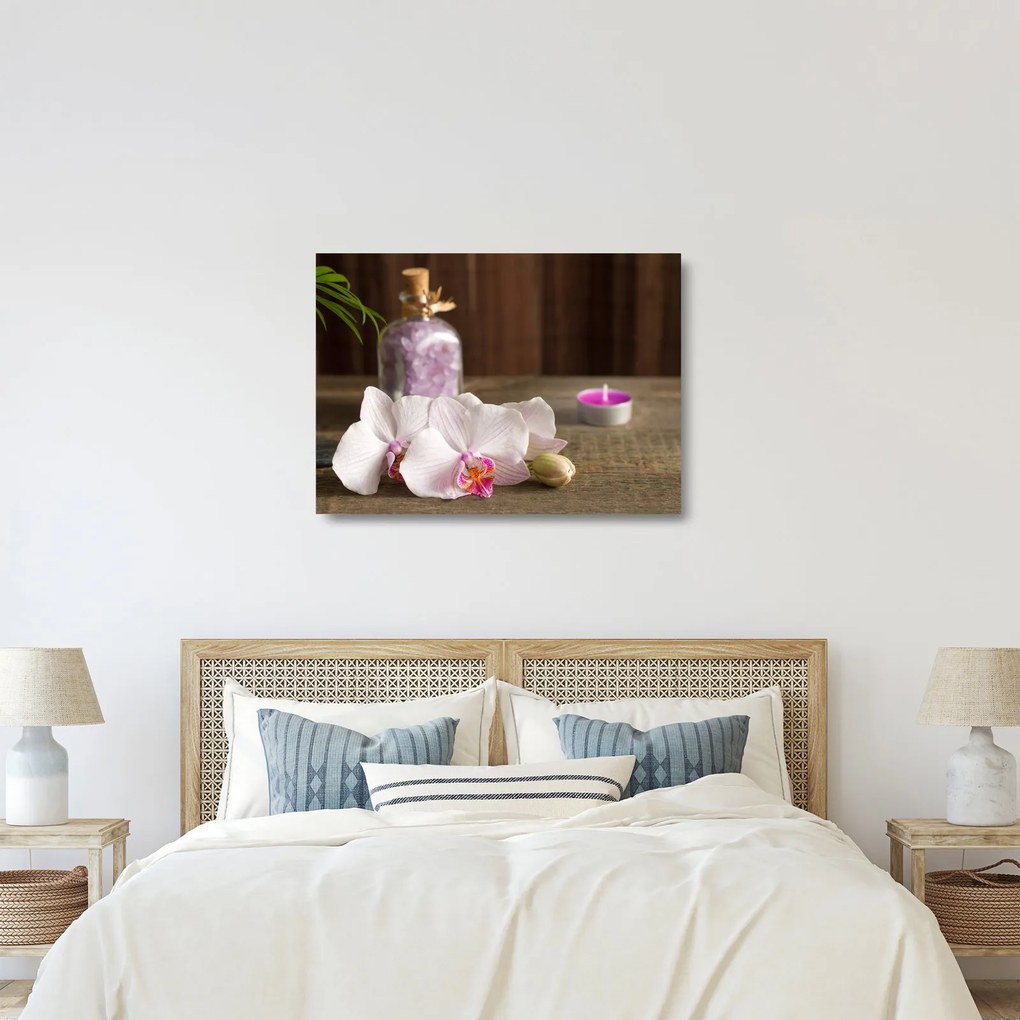 Sklenený obraz - Sviečka a orchidey (70x50 cm)