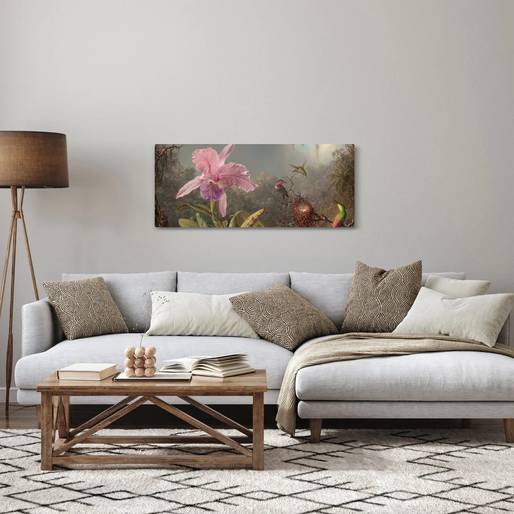 Obraz - Martin Johnson Heade, Cattleya Orchid and Three Hummingbirds, reprodukcia (120x50 cm)