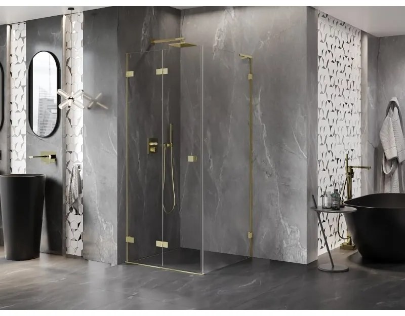 Mexen Lunar-F L, skladací sprchový kút ľavý 80 x 80 cm, 8mm číre sklo, zlatý matný profil, 836L-080-080-55-00-L