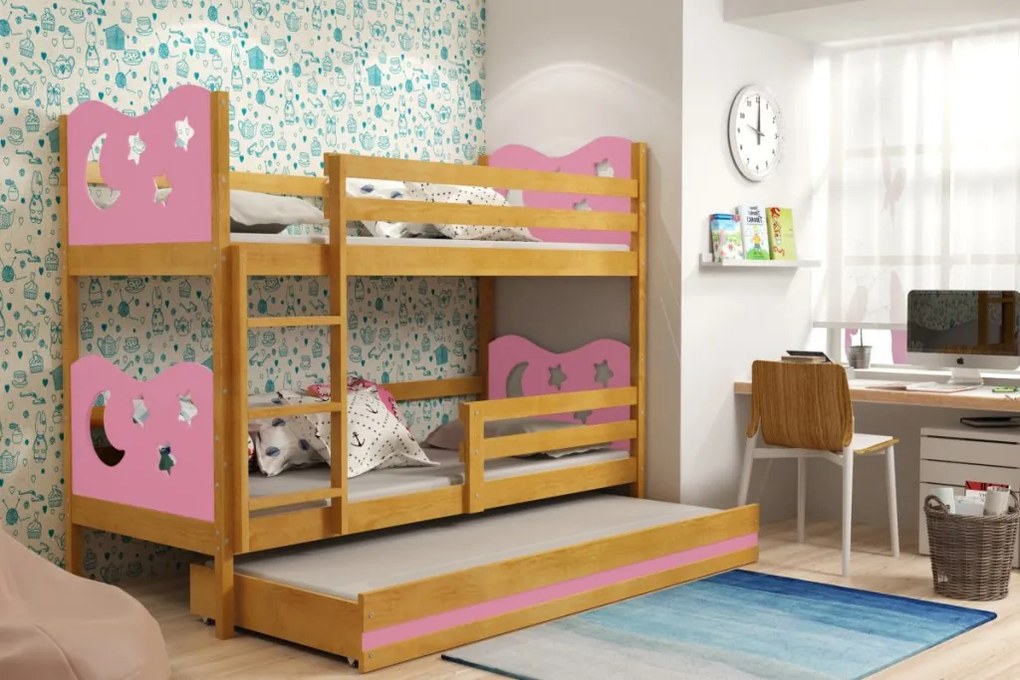 BMS Group Poschodová posteľ s prístelkou MIKO - s úložným priestorom - pre troch - JELŠA