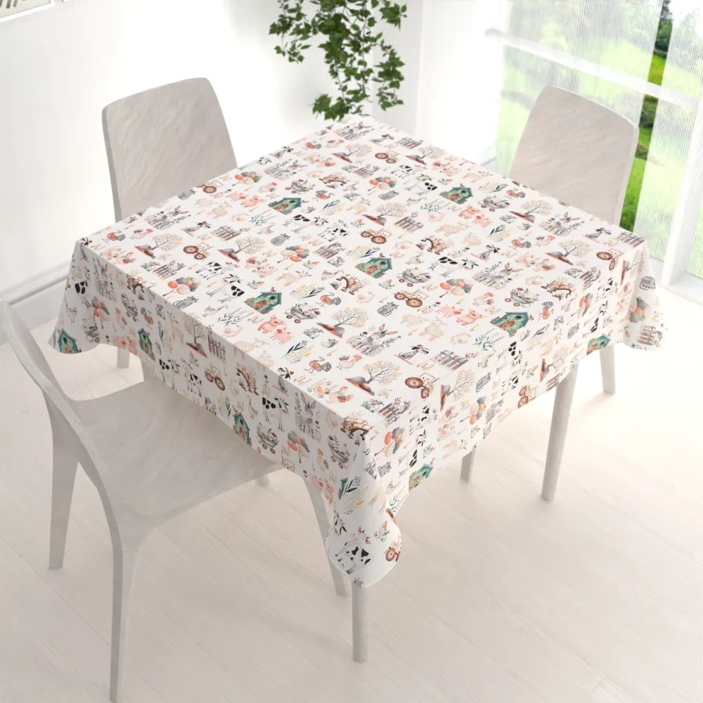 Biante Detský bavlnený štvorcový obrus Sandra SA-563 Zvieratká na farme na bielom 80x80 cm