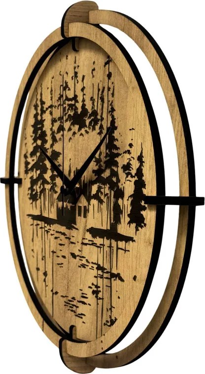 Drevené nástenné hodiny Lesná chatka pri jazere | SENTOP HDF0585-GOLD-OAK