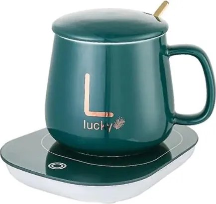 Súprava keramického hrnčeka s elektrickým ohrievačom Lucky v darčekovom balení - zelený