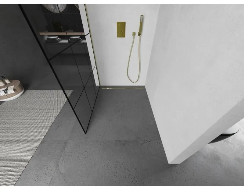 Mexen Kioto L, sprchová zástena Walk-In 110 x 200 cm, 8mm číre sklo čierny vzor, zlatý matný profil, 800-110-103-55-77