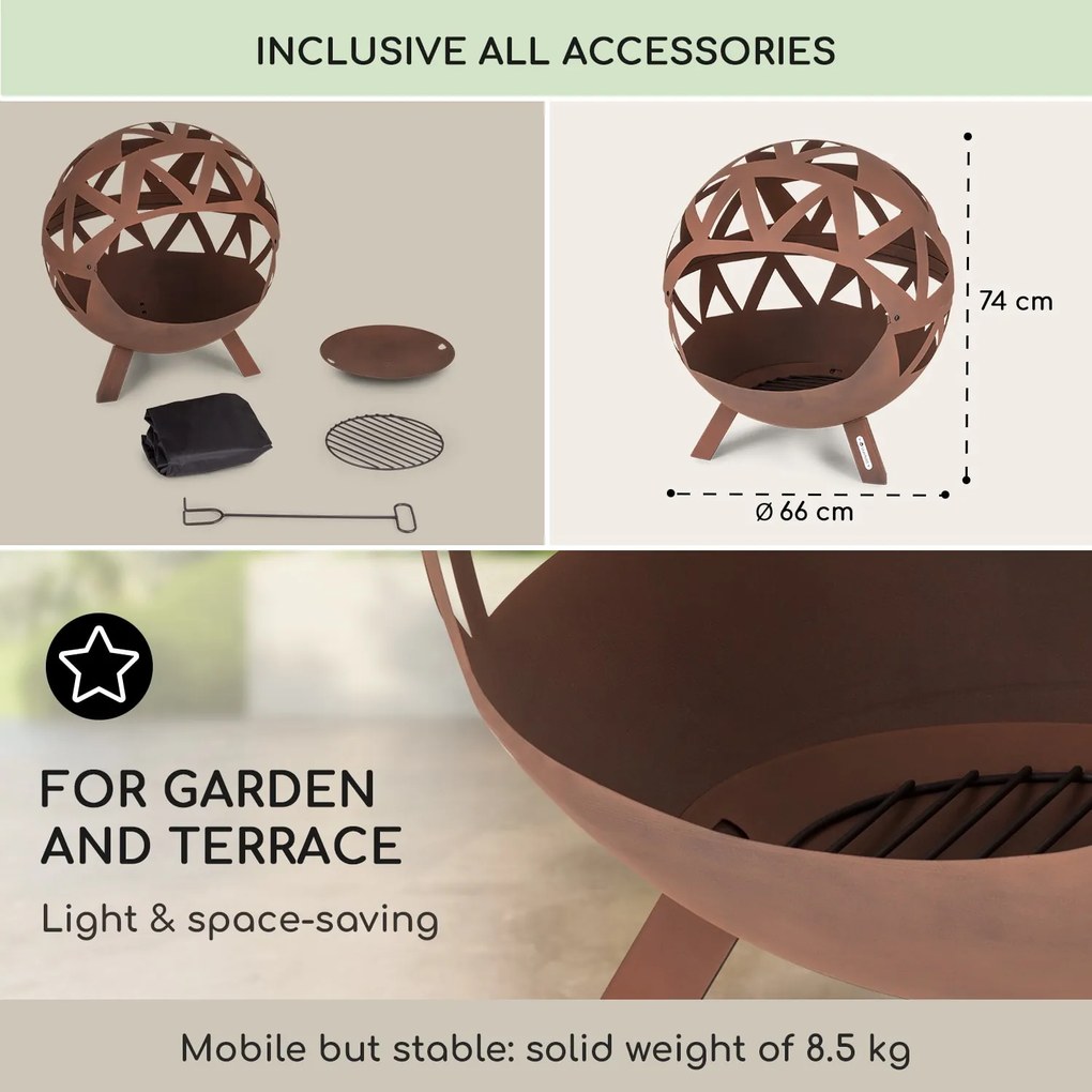 Blumfeldt Colima, ohnisko, Ø 66 cm, guľovitý tvar, rošt na drevené uhlie, popolník