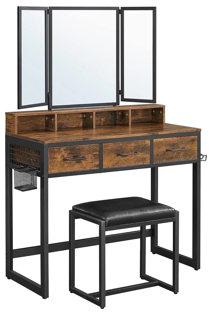 Toaletný stolík s 3-dielnym skladacím zrkadlom, vintage hnedý