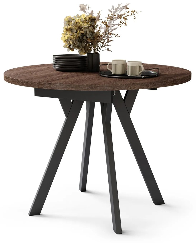 ALMO Dub hnedý/čierne nohy - OKRÚHLY LOFTOVÝ/INDUSTRIÁLNY ROZKLADACÍ STÔL DO OBÝVAČKY/JEDÁLNE