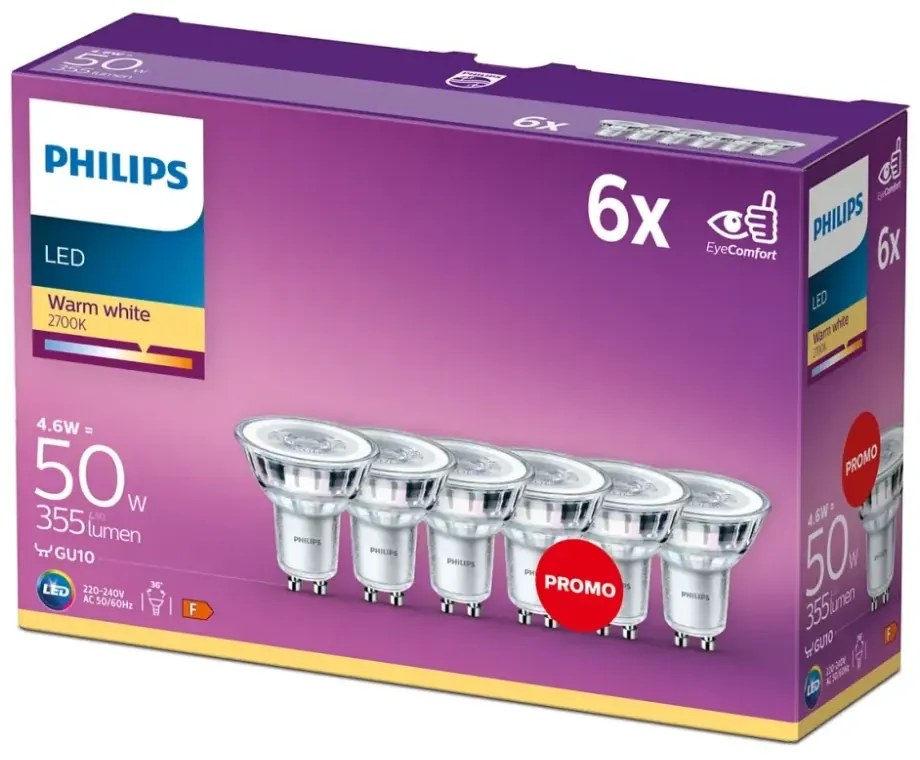 Philips 8718696586013 LED žiarovka celosklenená GU10 4,6W/50W 355lm 2700K 36D 6-set