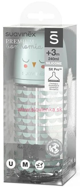 SUAVINEX - fľaša sklo BONHOMIA 240 ml fyziologická SX PRO +3 MF - zelená