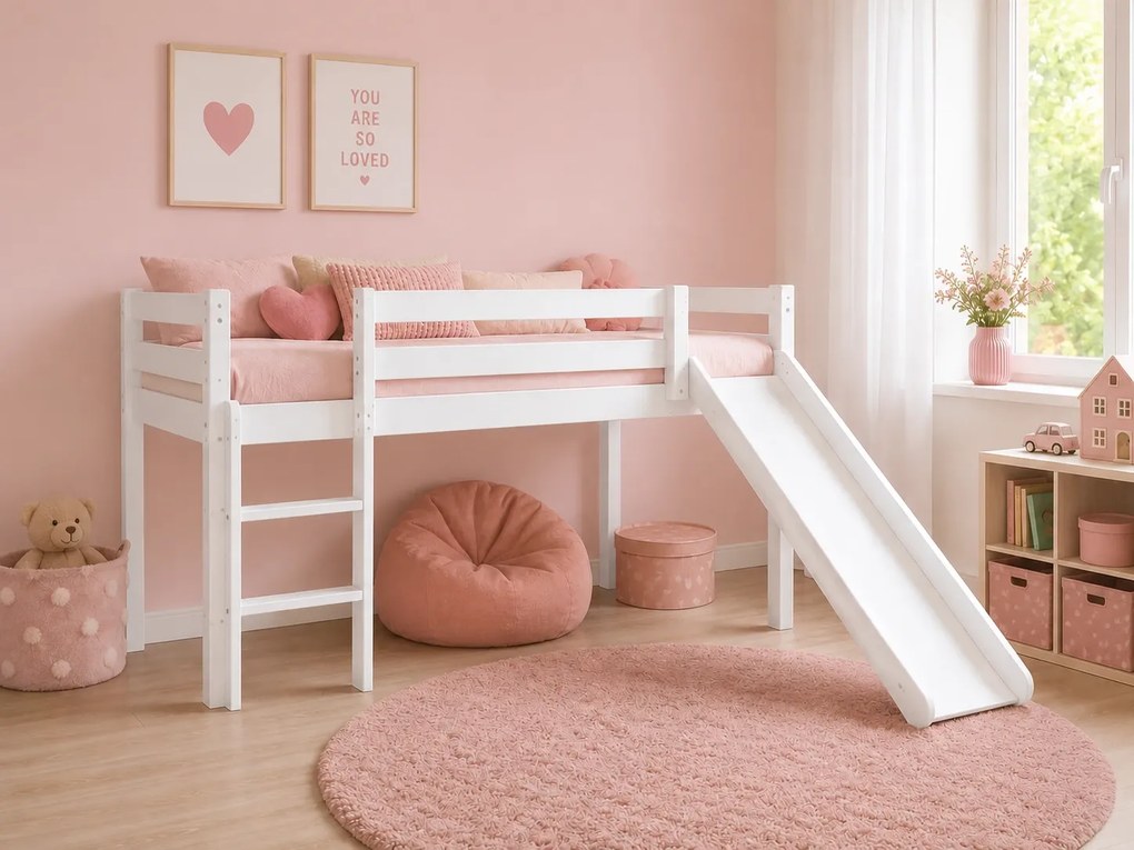 Detská vyvýšená posteľ z masívu so šmykľavkou 200x90 cm - biela farba
