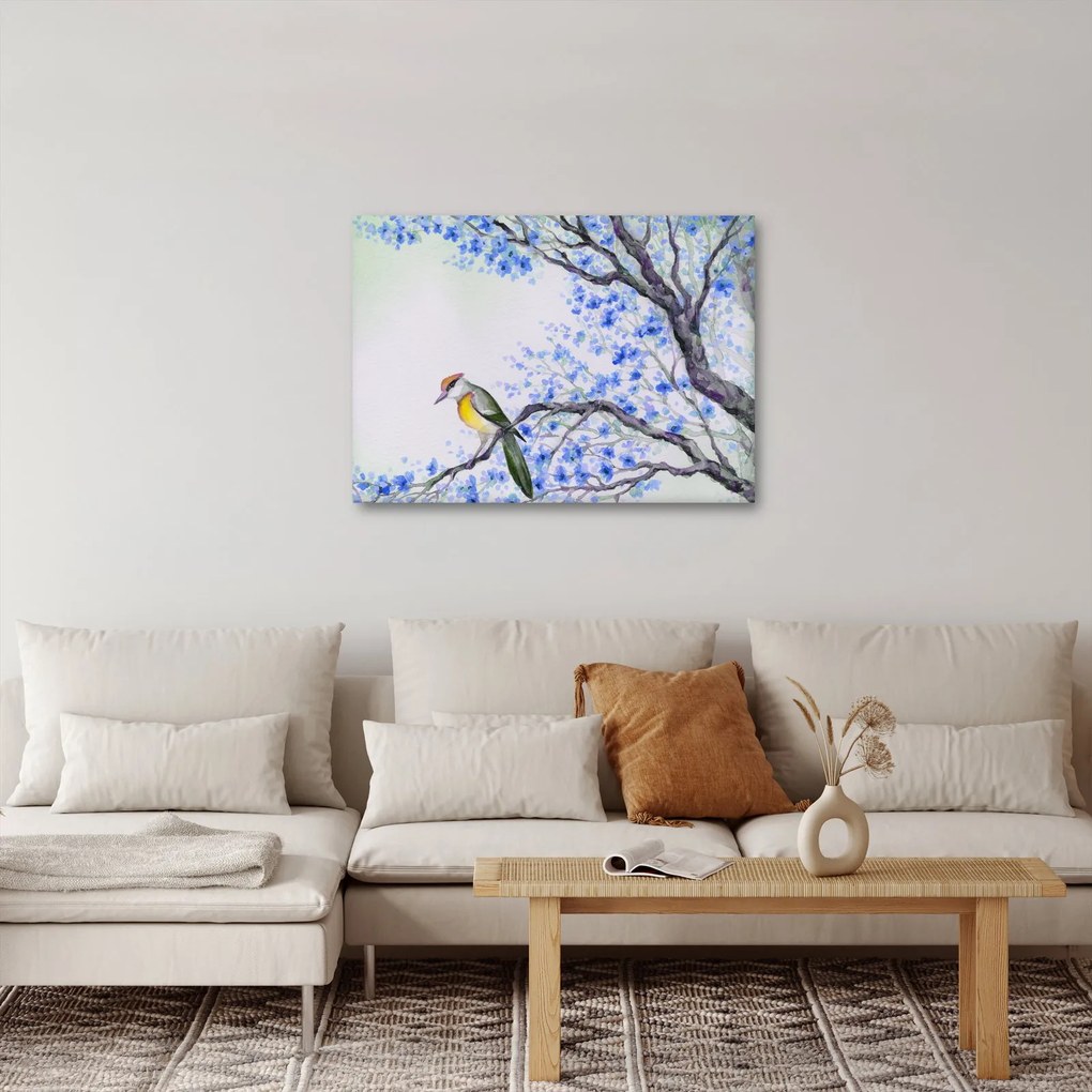 Obraz - Vtáčik na strome s modrými kvetmi (70x50 cm)