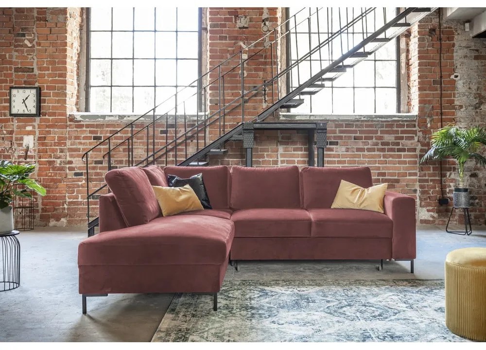 Ružová zamatová rozkladacia rohová pohovka (ľavý roh) Lofty Lilly – Miuform