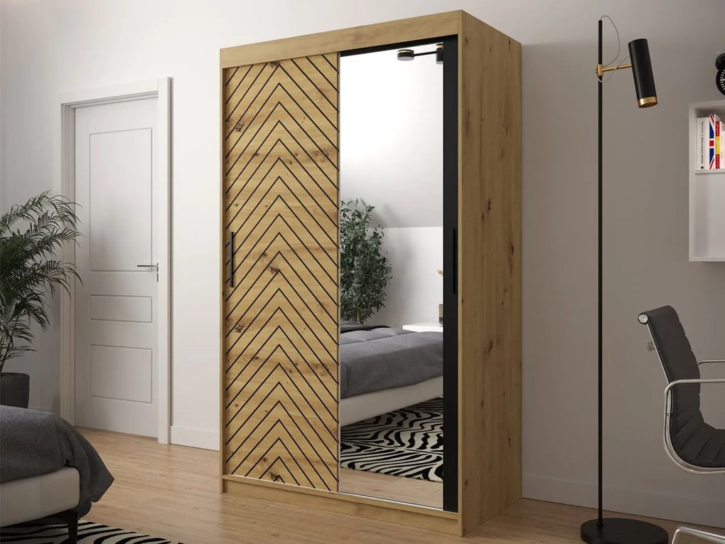 Moderná šatníková skriňa so zrkadlom Ratintu 2 120 cm, zásuvka: áno, Farby: čierna / dub artisan + čierna