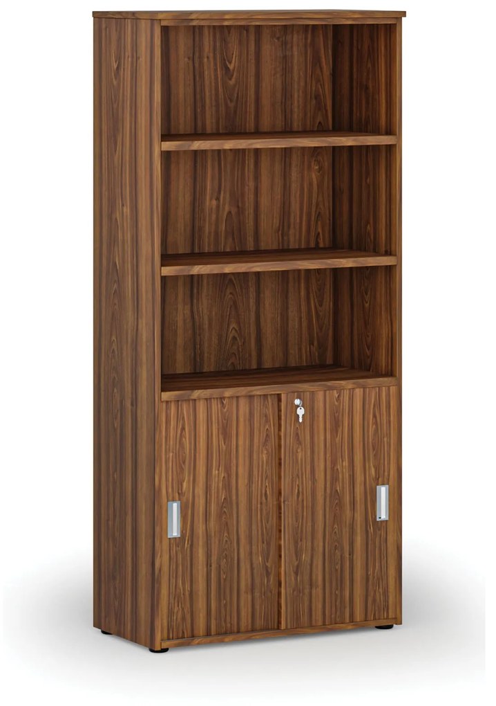 Kombinovaná kancelárska skriňa PRIMO WOOD, zasúvacie dvere na 2 poschodia, 1781 x 800 x 420 mm, orech
