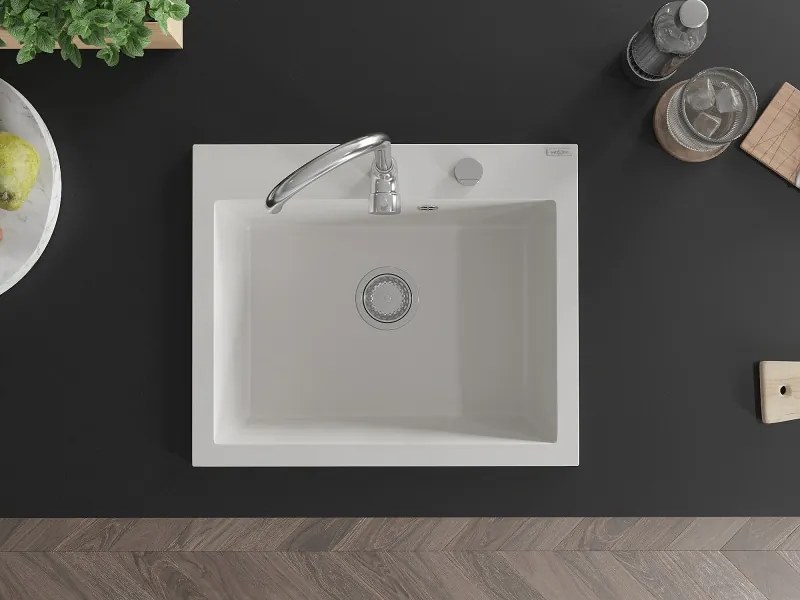 Mexen Elix granitový kuchynský drez 1-komorový 600 x 500 mm, biely, sifón chróm - 6525601005-20